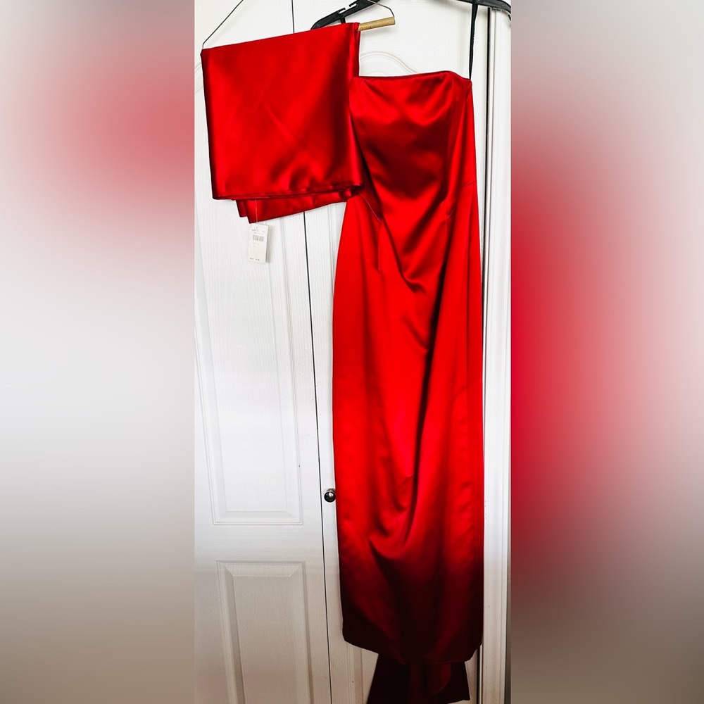 A.B.S strapless red evening gown w/ train and matching shawl.